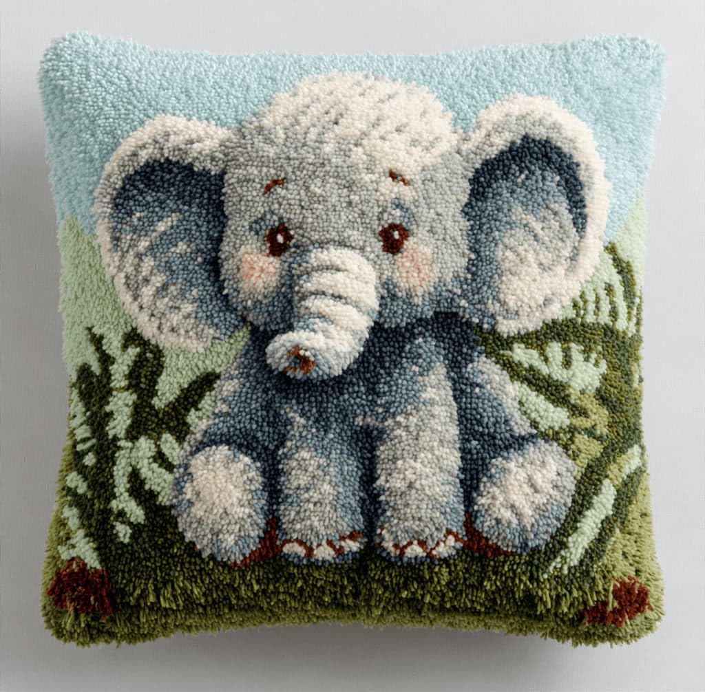 Kitquiver Latch Hook Kits Jungle Baby Elephant for Adults,Beginners DIY Latch Hook Cushion Kits and Latch Rug Kits Cross-Stitch Embroidery Cushion Cover for Home Sofa Decoration 17X17 in