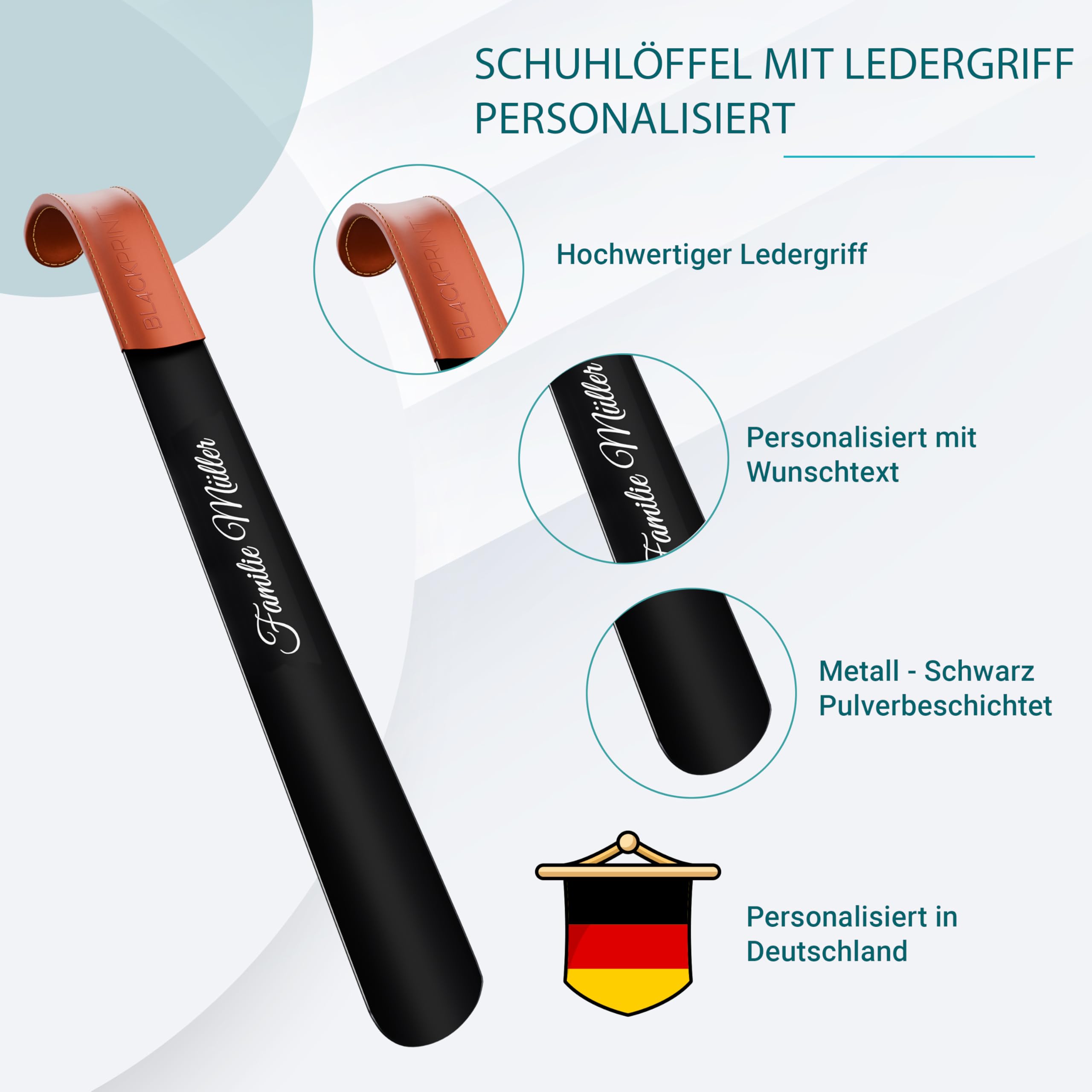 Personalisierter Schuhlöffel mit Gravur – Extra langer Schuhanzieher aus Edelstahl mit edlem Ledergriff – Geschenkidee für Männer & Frauen – Hochwertiger Metall-Schuhanzieher mit Wunschtext