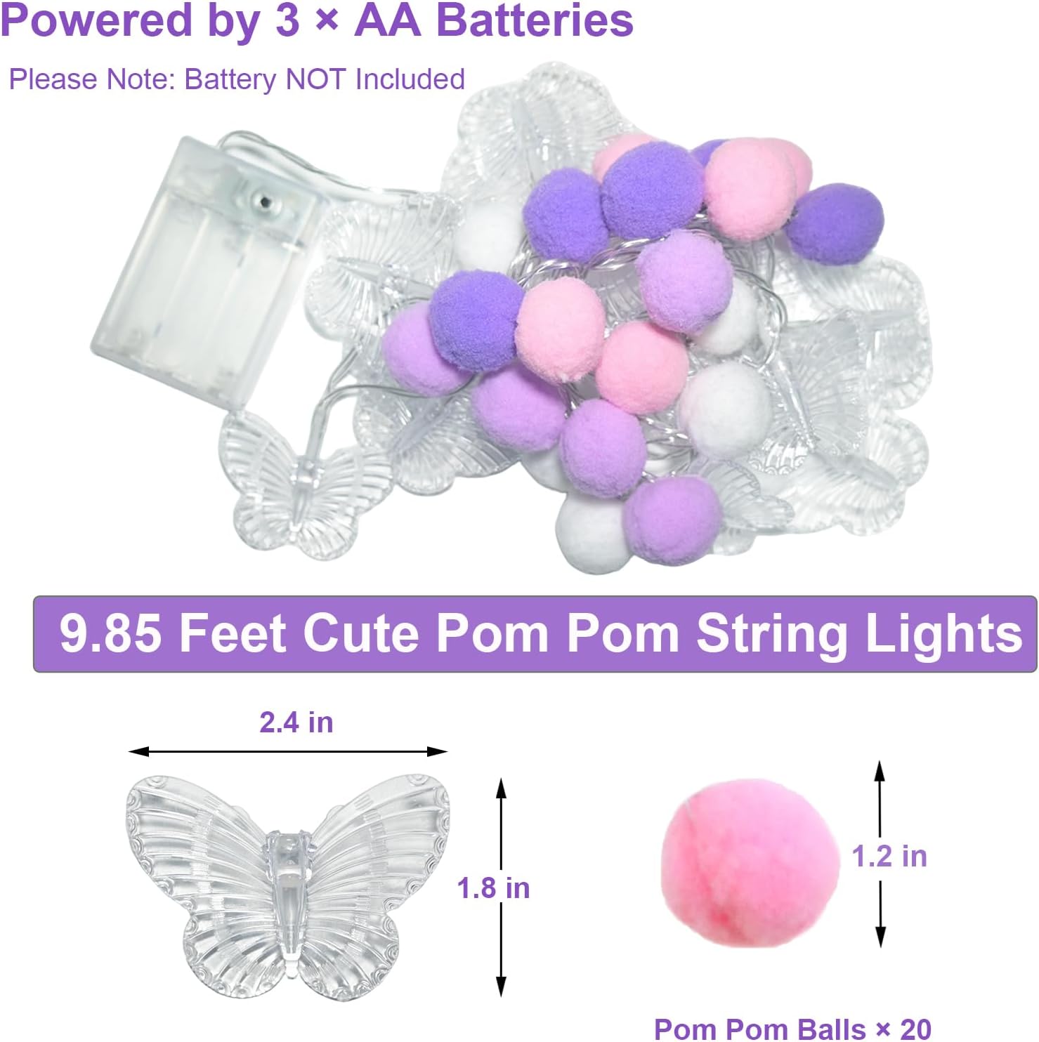 ChiRee 9.85FT Butterfly String Lights with Purple Pom Poms | 8 Flash Modes with Timer