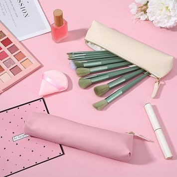 2Pcs Mini Cosmetic Pouch for Purse, PU Leather Small Makeup Brush Bag with Zipper Portable Soft Cosmetic Organizer Pouch Waterproof Slim Small Lipstick Bags for Women Travel Storage (Beige, Pink)