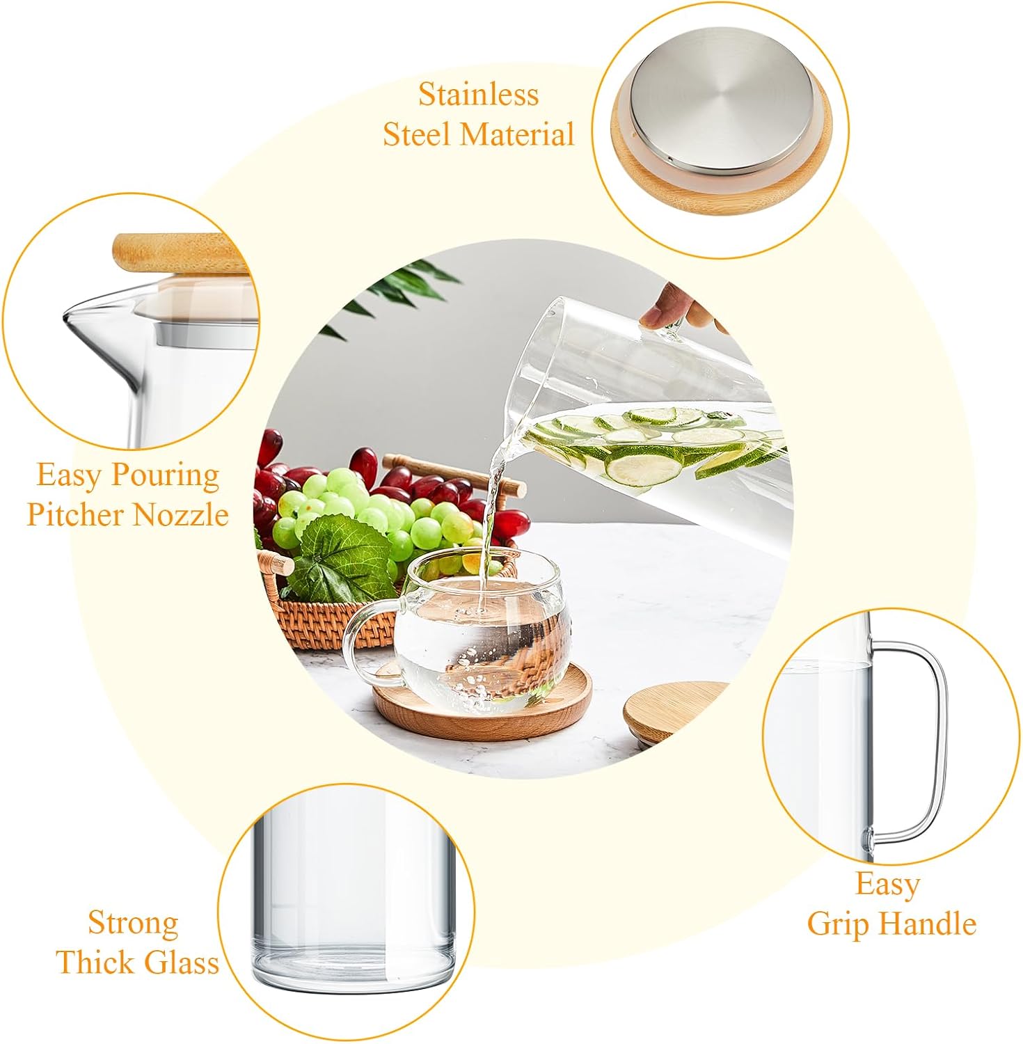 Hsei 2 Sets Glass Pitcher with Lid, 50 oz / 1500 ml Water Carafe with Handles Hot Cold Beverage Water Jar Glass Jug for Tea Juice Milk Coffee Iced Beverage - Image 4