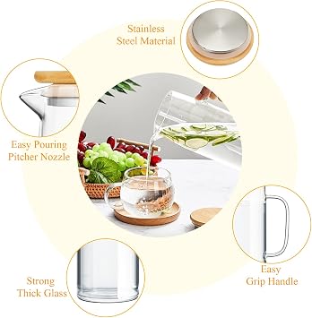 Hsei 2 Sets Glass Pitcher with Lid, 50 oz / 1500 ml Water Carafe with Handles Hot Cold Beverage Water Jar Glass Jug for Tea Juice Milk Coffee Iced Beverage