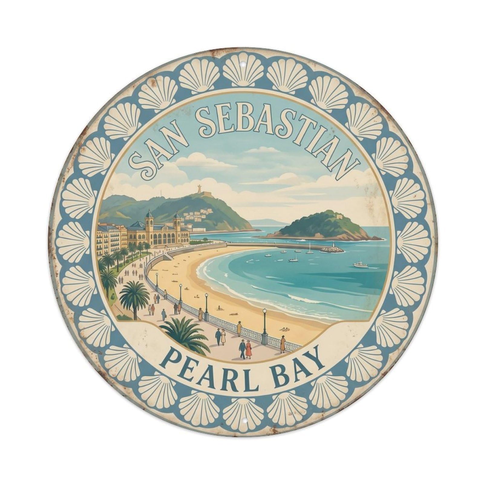 Vintage Travel Concha Beach Sebastian Bay Metal Tin Sign Plaque Wall Decor for Cafe, Club Bar, Office, Home Garden Round Metal Poster 8x8Inch