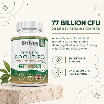 Bio Cultures Complex Supplement | 77 Billion CFU Per Serving | 20 Multi-Biotic Strains | 60 Vegan Capsules – 1 Month Supply | UK Made – Shivay Herbals