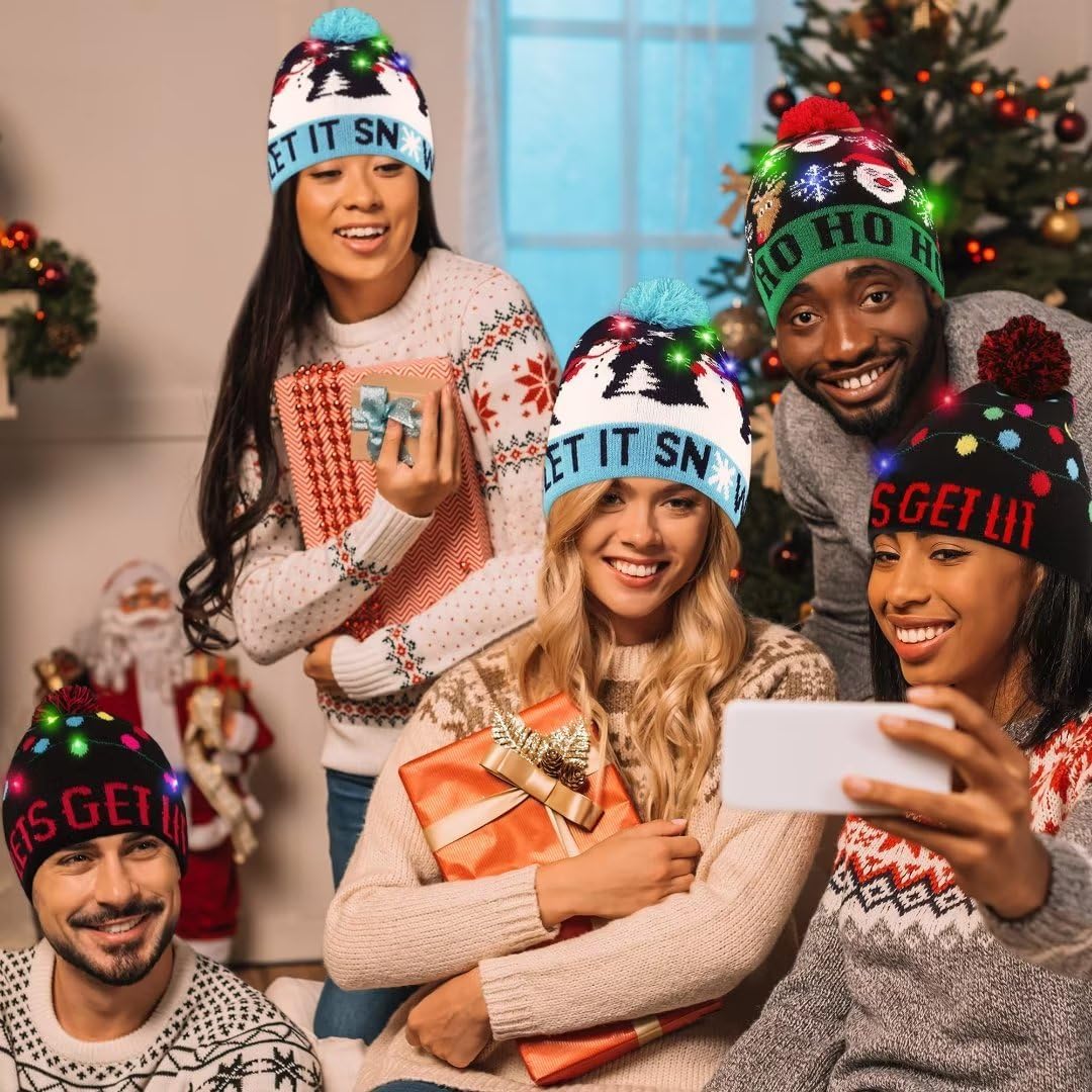 Blowata Christmas Hat Light Up Christmas Knitted Beanie Hat, Cute Cartoon Design Xmas Knit Cap with 6 Colorful LED Lights - Image 4