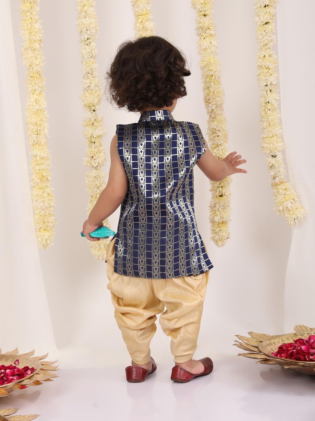 Jbn Creation Infant Boys Navy Blue And Gold Silk Blend Kurta And Dhoti Set