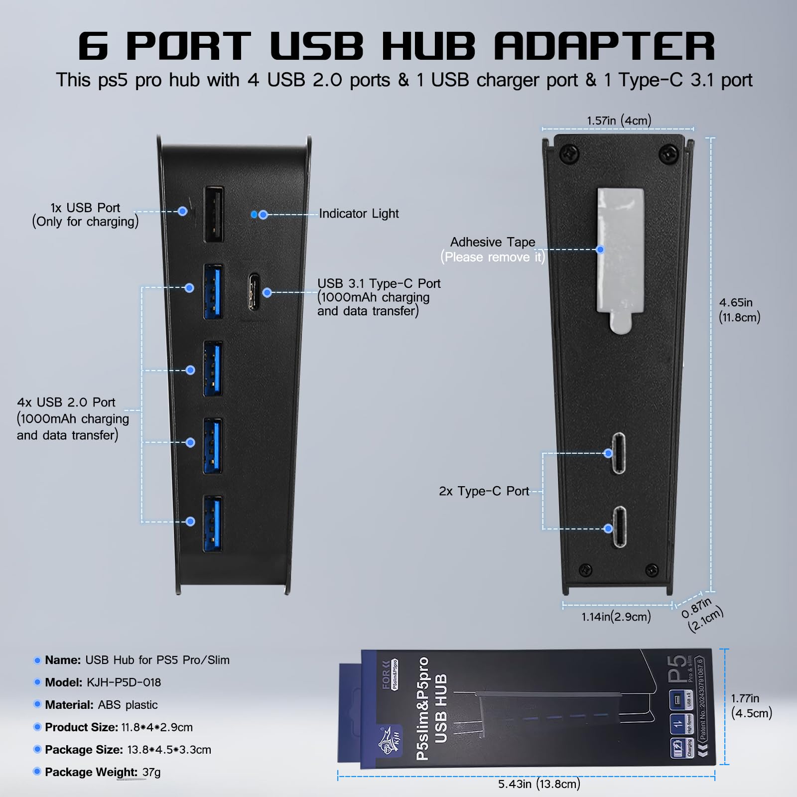 6 Port USB Hub für PS5 Pro & Slim Console Disc/Digital, High-Speed Extra Ports für PS5 Slim Pro Zubehör, Hub Ladegerät Splitter Adapter mit 4 USB 2.0 + 1 USB Ladeanschluss +1 Typ C 3.1