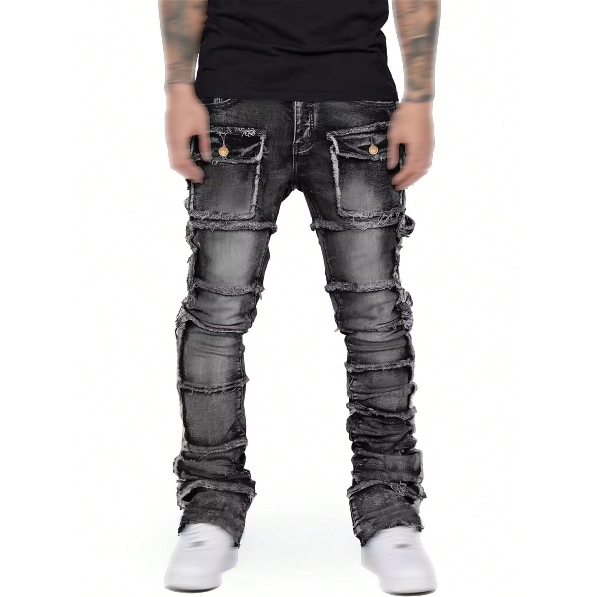 Maiyifu-GJ Jeans for Men Slim Fit Ripped Skinny Patchwork Denim Trousers Straight Leg Hip Hop Denim Pants (DarkGrey6,X-Large)
