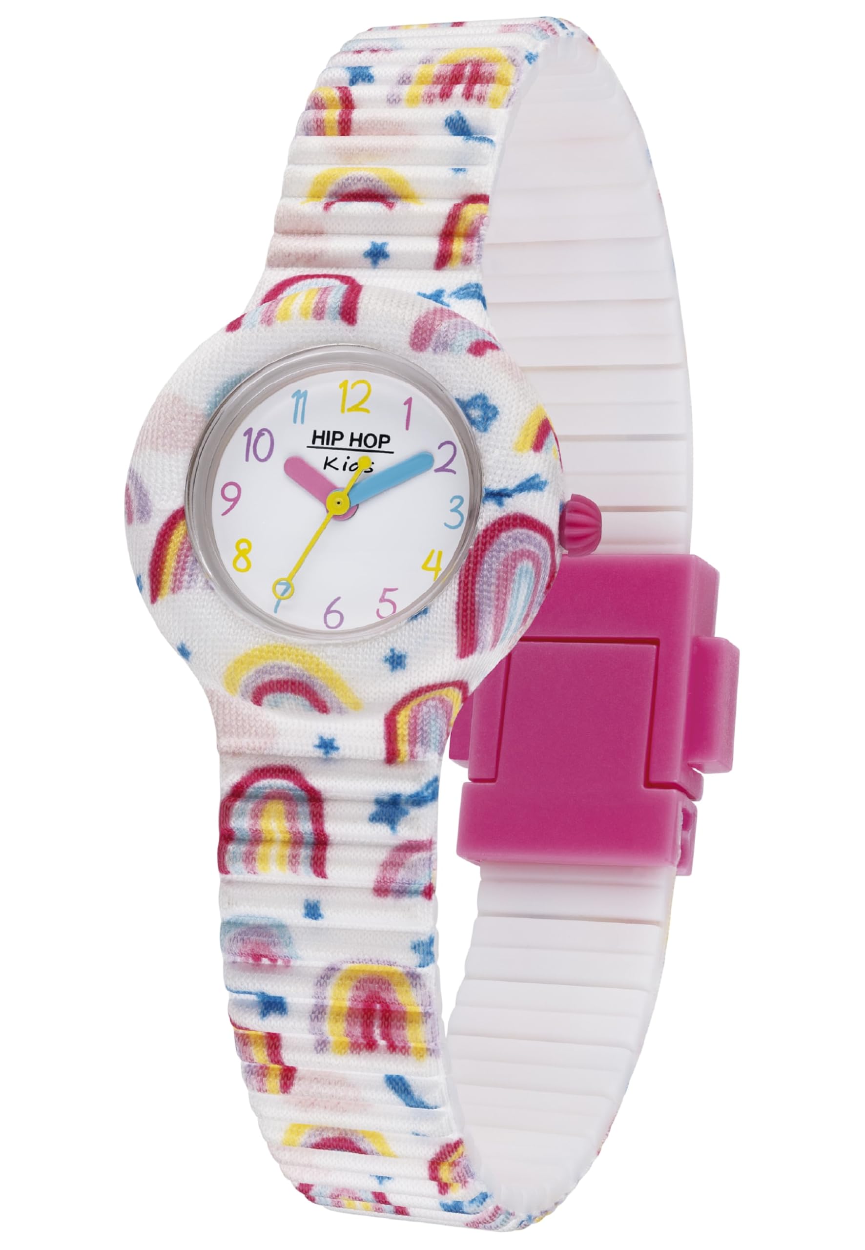 HIP HOP, Collezione Kids Fun, Orologio Bambini Rainbow, con Cinturino Intercambiabile in Silicone e Tessuto, Pratica Chiusura, Indici Multicolore, Sfere Rosa, Azzurra e Gialla, Cassa 28 mm