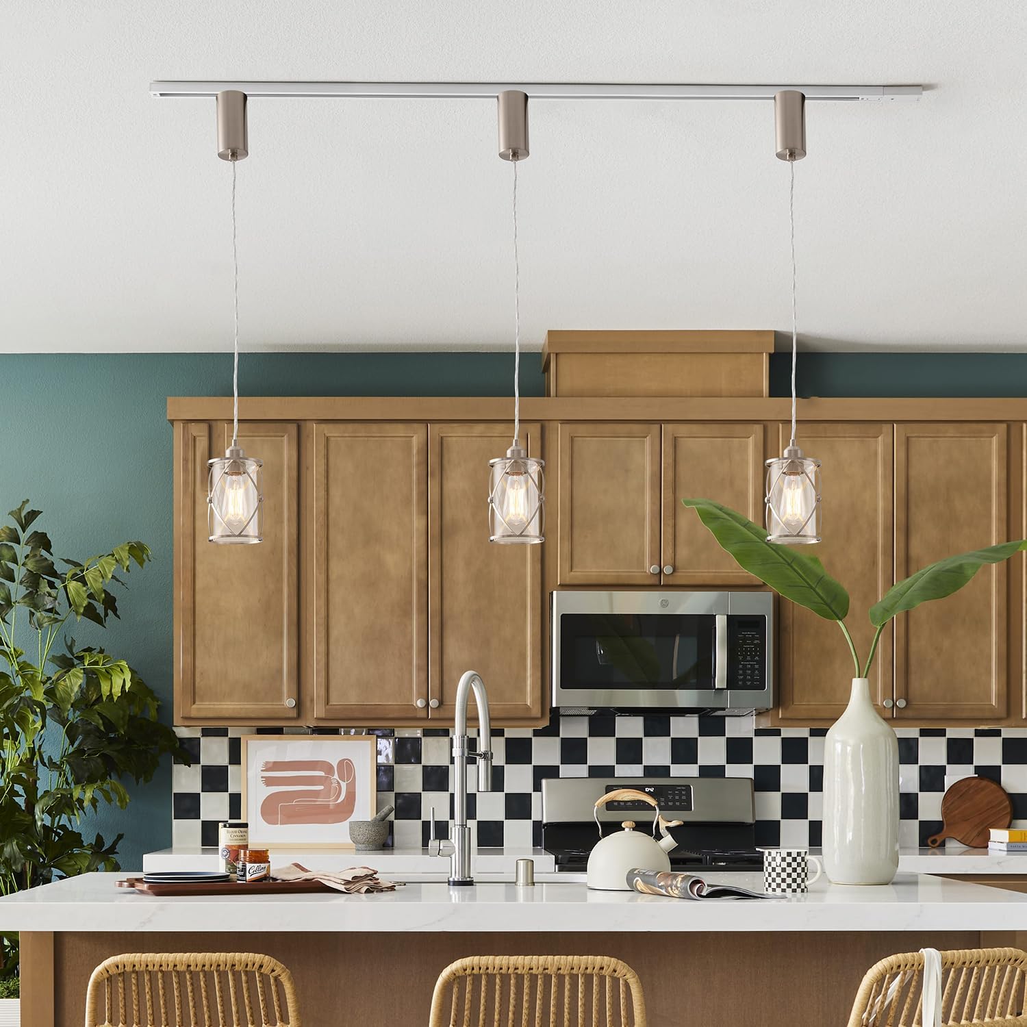 mirrea H-Type Brushed Nickel Track Lighting Pendant with Dotted Cage Clear Glass, Adjustable Hanging Light, E26 Socket, Pack of 3