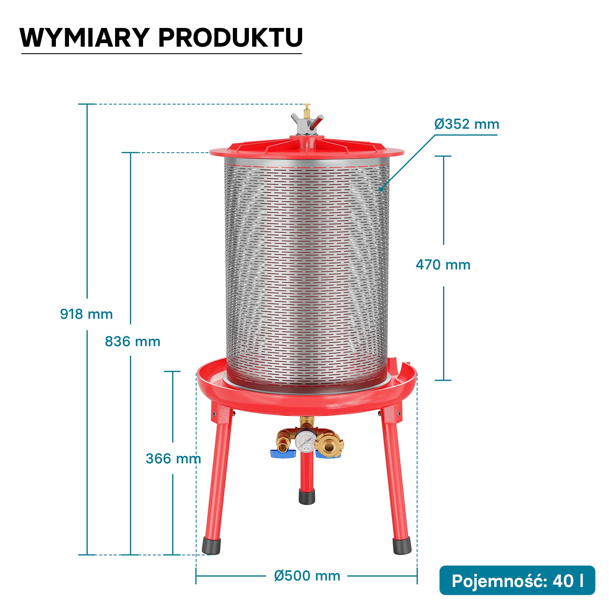 Wiltec Hydroprasa do owoców 40 litrów, ręczna prasa hydrauliczna, prasa do wyciskania soków z owoców i warzyw pod ciśnieniem wody, stal nierdzewna