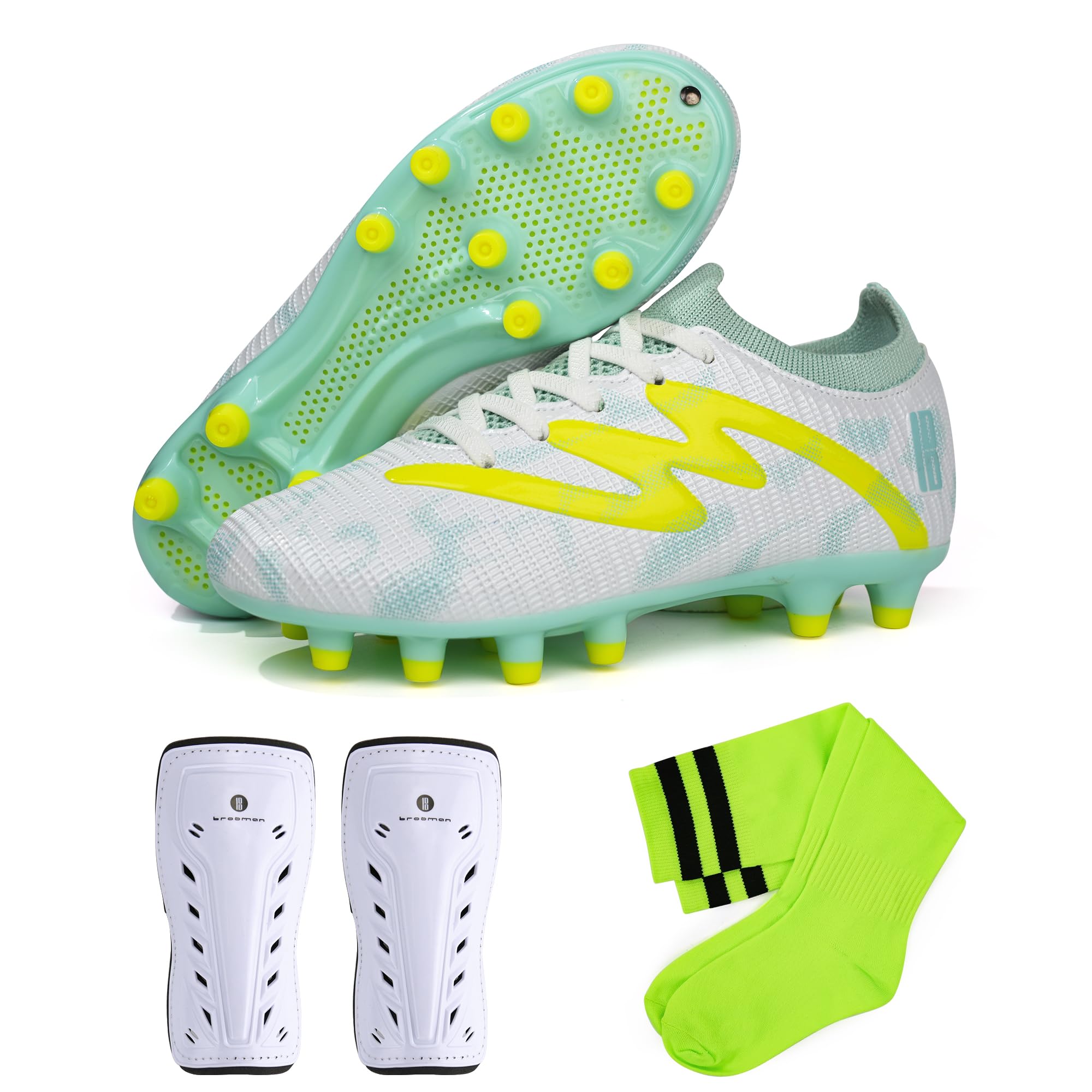 brooman Kids Firm Ground Soccer Cleats Boys Girls Football Shoes with Shin Guards and Soccer Socks