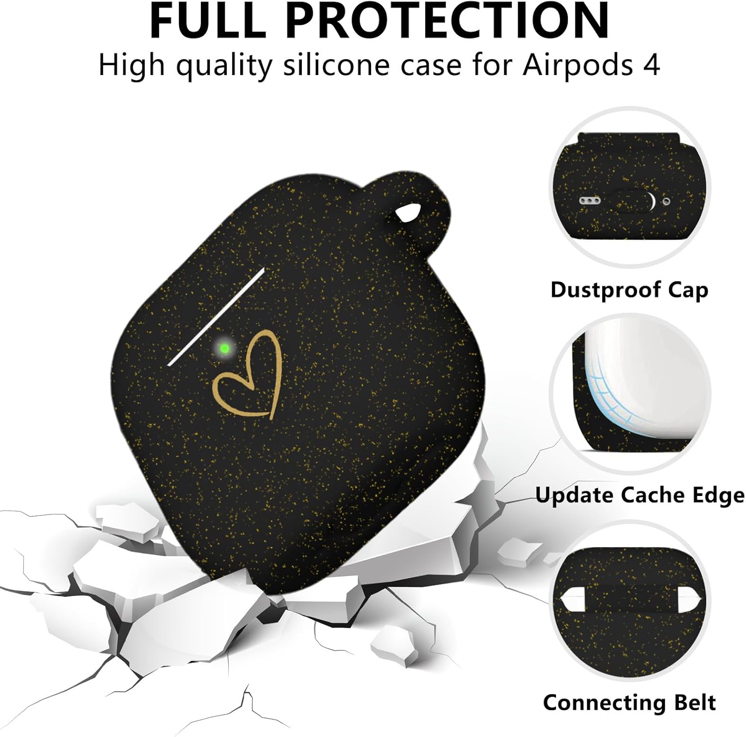 Compatible AirPods 4 Case Cover 2024, Soft Silicone Case with Gold Heart Pattern for AirPods 4th Gen, Cute Butterfly Keychain for Girls Women (Glitter Black) - Image 2