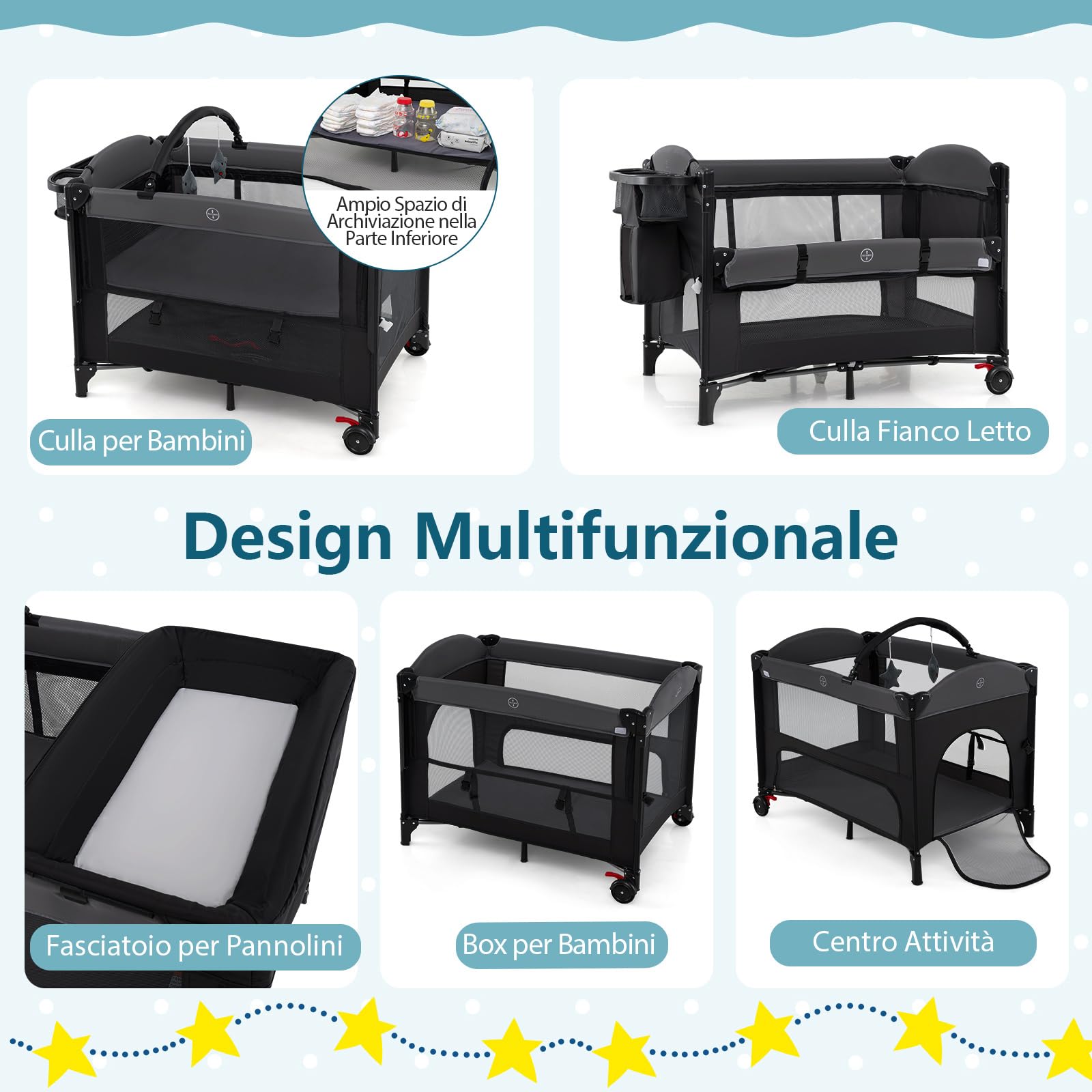 RELAX4LIFE 4 in 1 Lettino Neonato con Baldacchino Retrattile, Culla da Campeggio con Fasciatoio e Cintura di Fissaggio, Altezza Regolabile in 4 Livelli, Adatto a Bambini da 0 a 36 Mesi