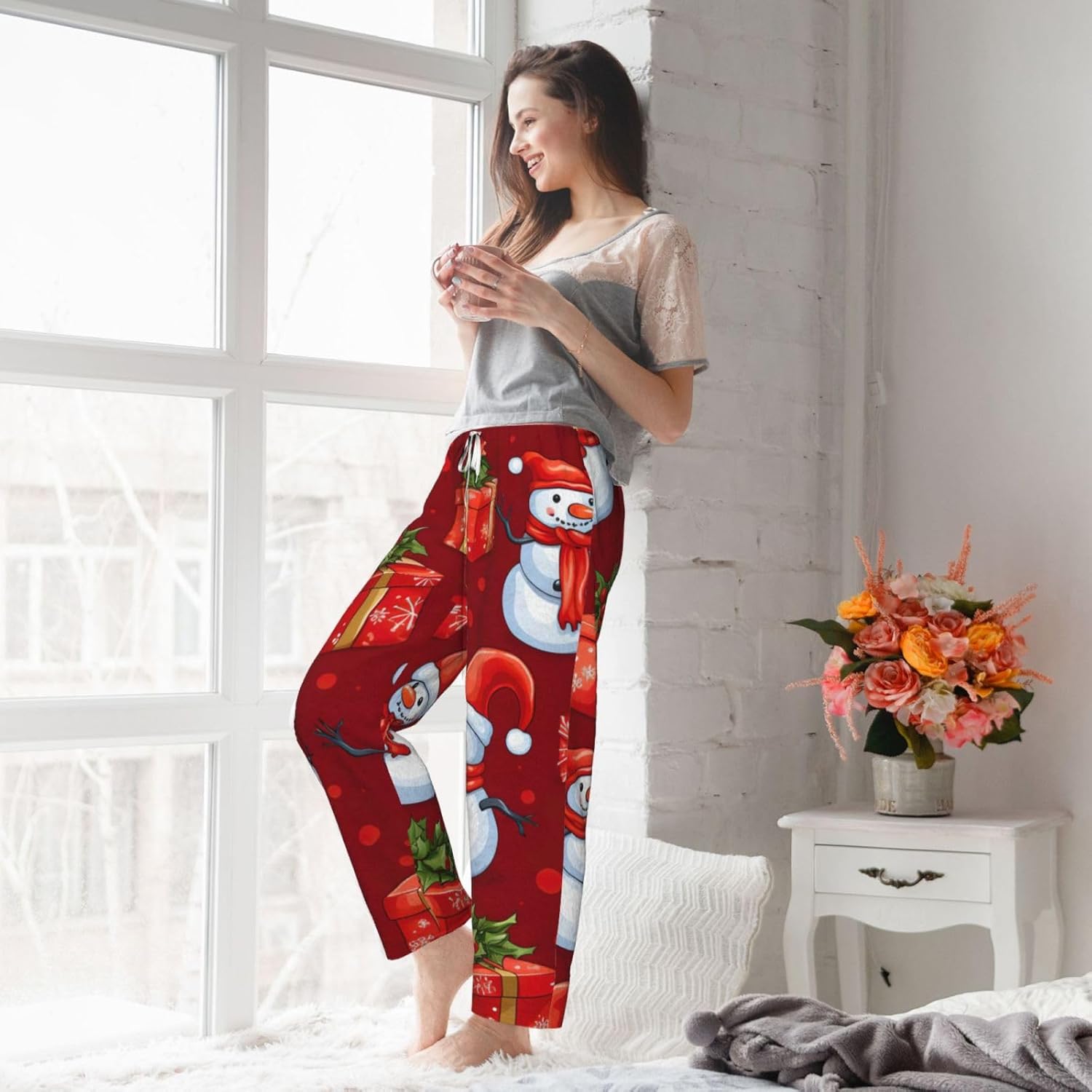 Merry Christmas Cute Snowman Print Women Pajama Pants Soft Comfortable Sleepwear For Winter Nightwear Casual Home Wear