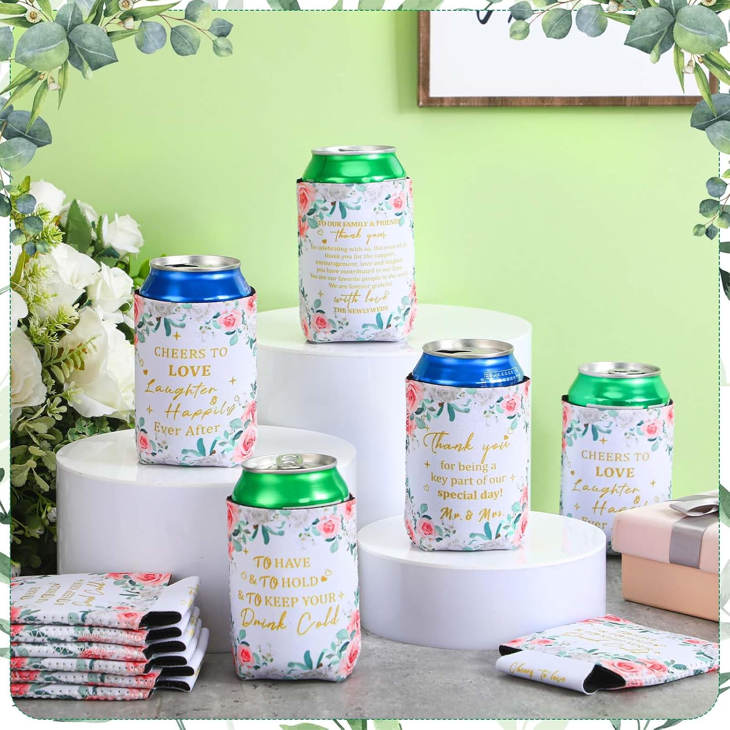 50 Pieces Flower Wedding Can Cooler Bulk Engagement Favors for Guests Cheers to Love Laughter and Happily Ever After Can Sleeves for Bachelorette Bridal Shower Party Supplies