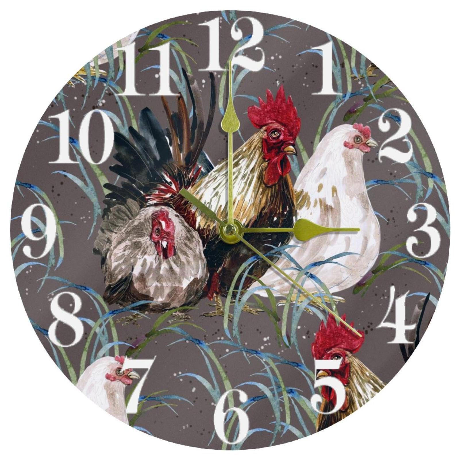 Horloge murale ronde silencieuse motif poulet peinture aquarelle pour la maison