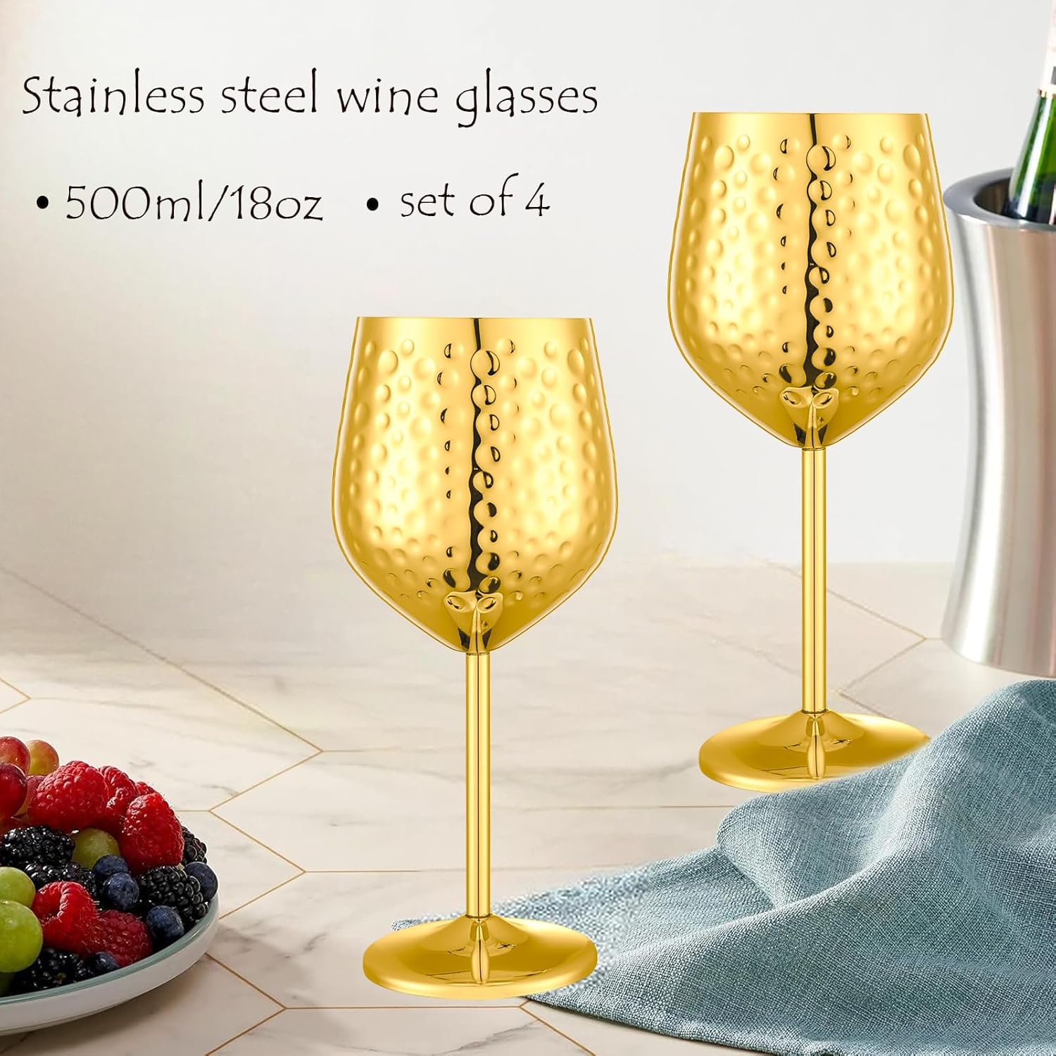 Stainless Steel Wine Glasses-18 oz Unbreakable Hammer point Wine Goblets, Elegant Unique Metal Wine Glass for Outdoor, Travel, Camping, Pool,Gift for Wine Lovers (Set of 4) (Gold) - Image 4