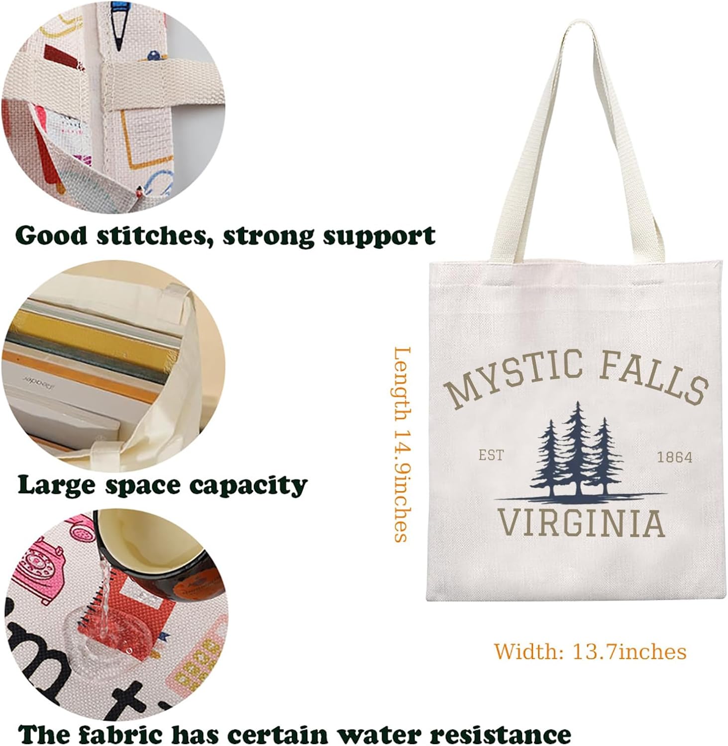KUIYAI Vampire TV Show Merchandise Tote Bag for TVD Enthusiasts - Vampire Lover Gift - Mystic Falls Virginia Est 1864 - Image 2