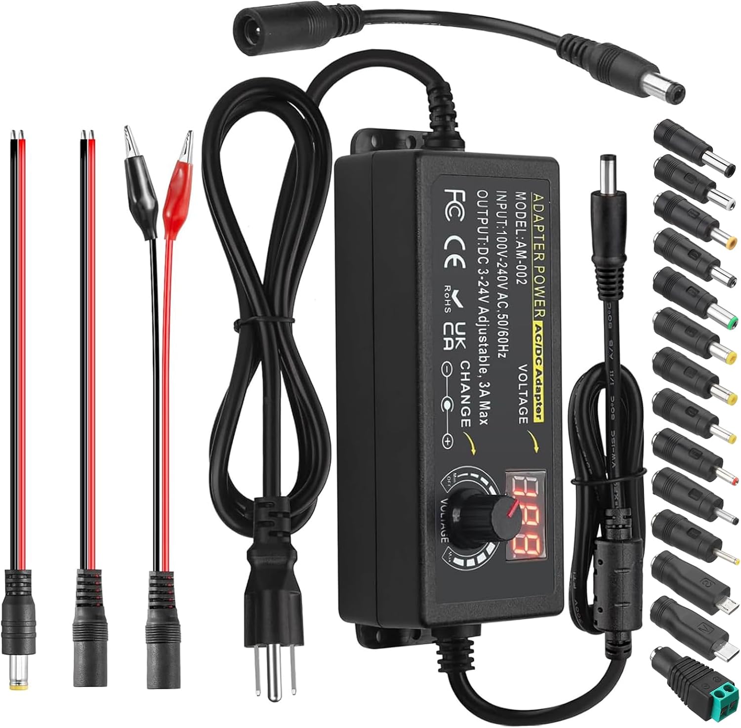 Adjustable Power Adapter, 3V ~ 24V Universal Power Supply 3A 72W AC/DC Adapter Variable DC Power Supply AC 100V-240V Universal AC Adapter Converter Transformer with Test Leads