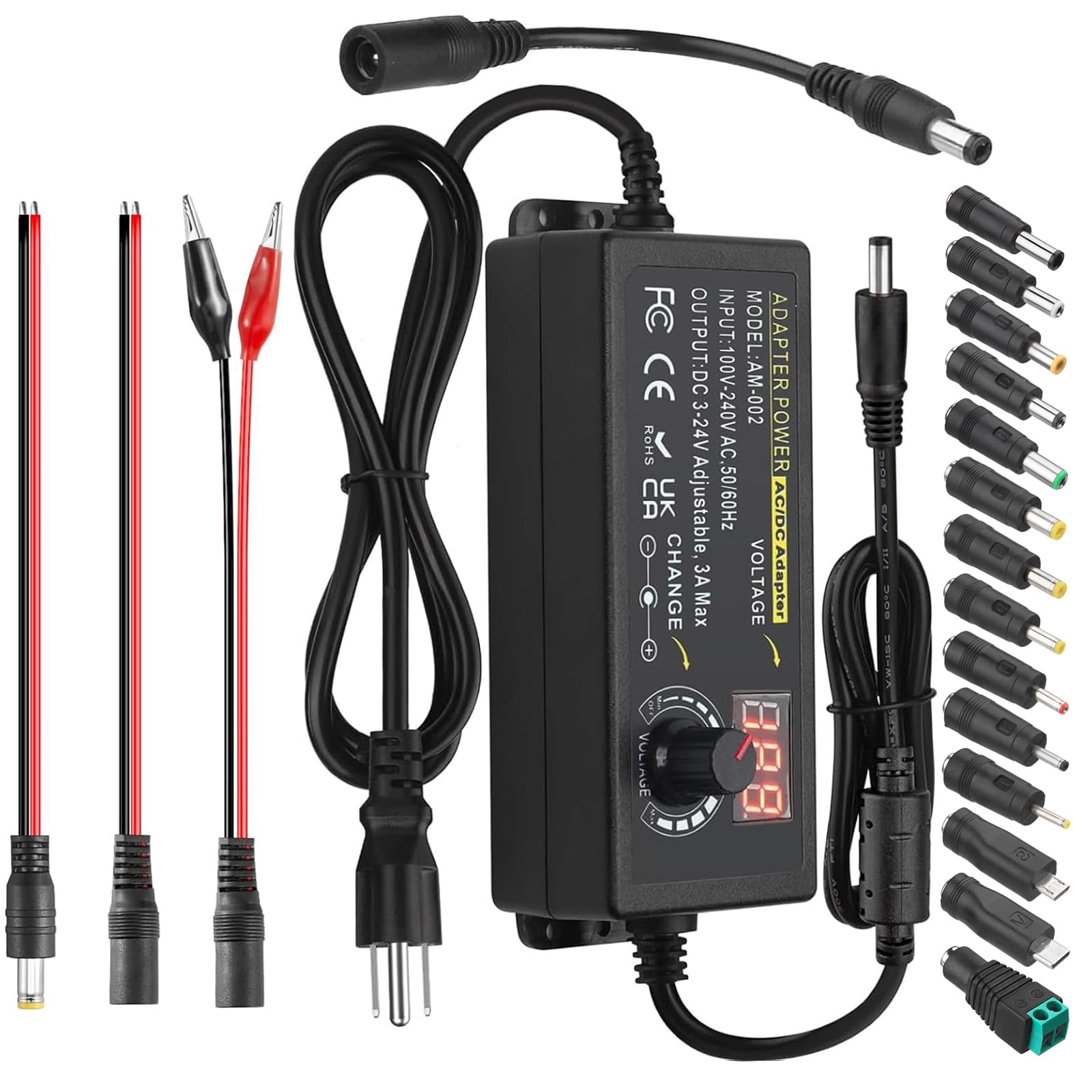 Towisituati Adjustable Power Adapter, 3V ~ 24V Universal Power Supply 3A 72W AC/DC Adapter Variable DC Power Supply AC 100V-240V Universal AC Adapter