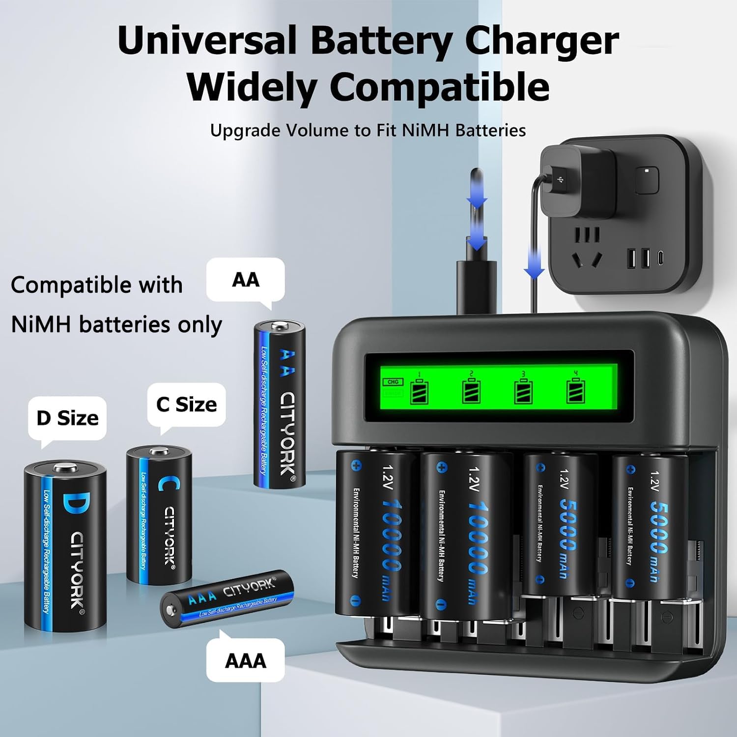CITYORK C Cell 5000mAh Batteria 8 slot per batterie AA AAA C D Ni-MH (caricatore e 6 batterie Baby C)
