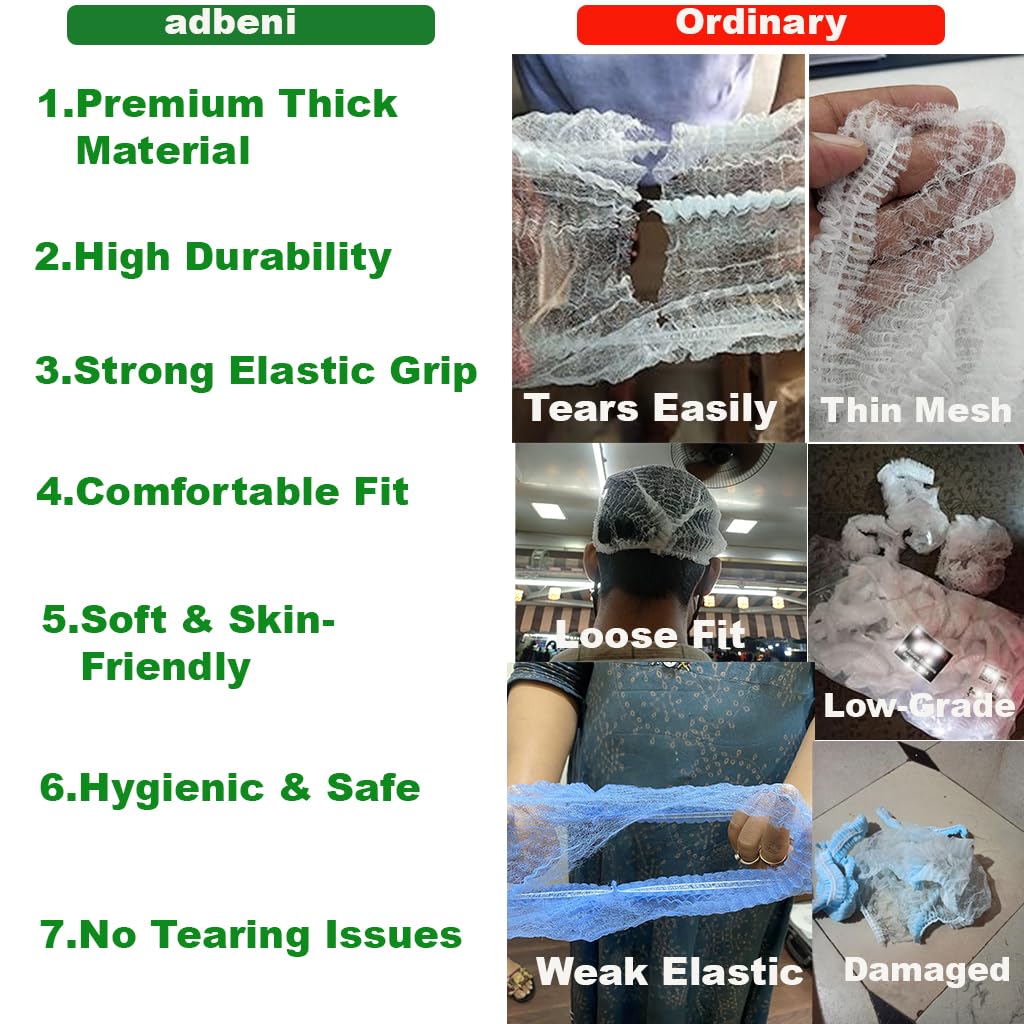 adbeni Bouffant Caps for Women & Men | Premium | Disposable | Thick Non-Woven Hair Cover with Double Elastic | Soft, Breathable & Hygienic Caps for Medical, Kitchen, Salon, Food Handling