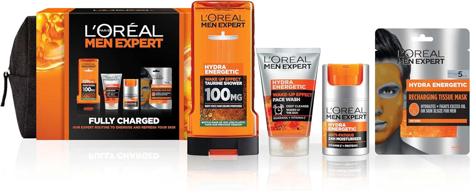 L'Oreal Men Expert Gift Set for Men, Hydra Energetic Fully Charged Washbag: Shower Gel, Moisturiser for Men, Sheet Face Mask and Face Wash