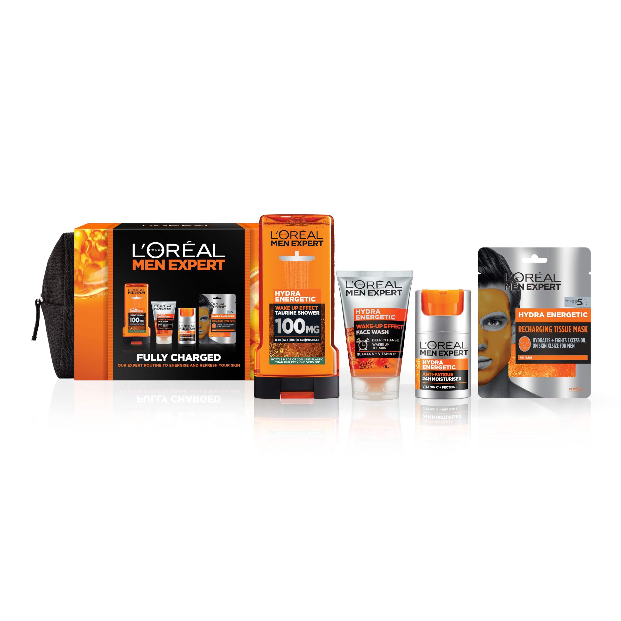 L'Oreal Men Expert Gift Set for Men, Hydra Energetic Fully Charged Washbag: Shower Gel, Moisturiser for Men, Sheet Face Mask and Face Wash