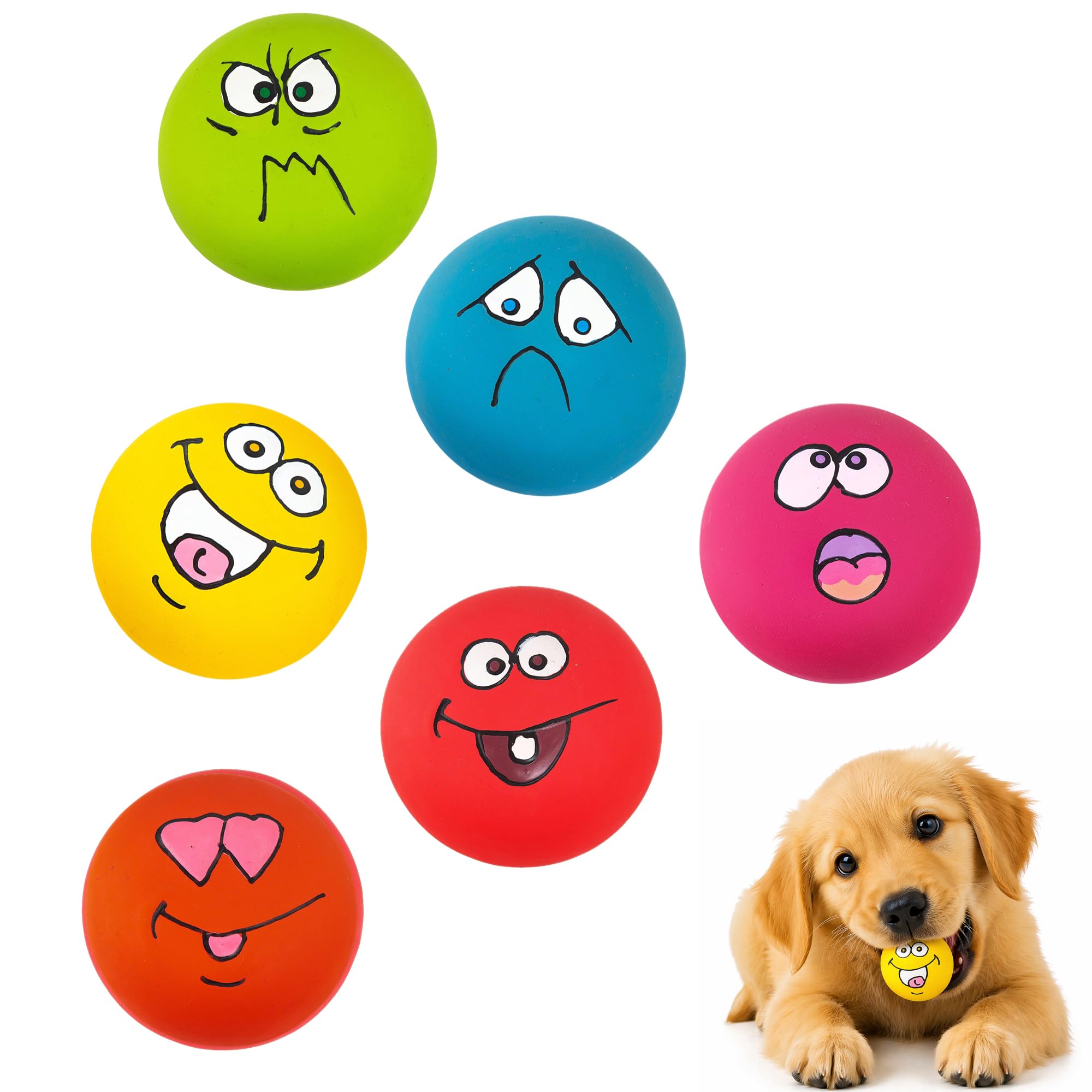 6PCS Squeaky Dog Balls, Soft Latex Dog Squeaky Balls, 5.5cm, 6 Emoticons