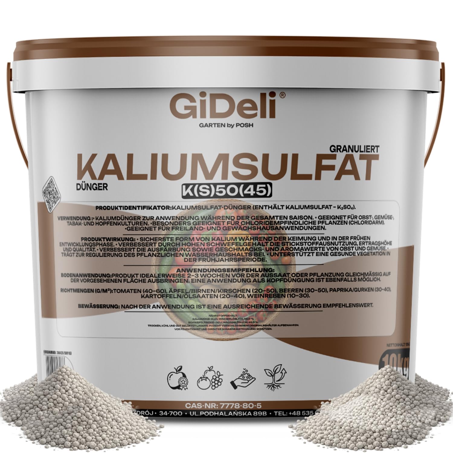 GiDeli Kaliumsulfat Granulat 10kg im Eimer - Kaliumdünger mit 50% K2O & 45% SO3 wasserlöslich - Chlorfrei für empfindliche Pflanzen - Einfache Dosierung - Ideal für Tomaten, Beeren und Weinreben