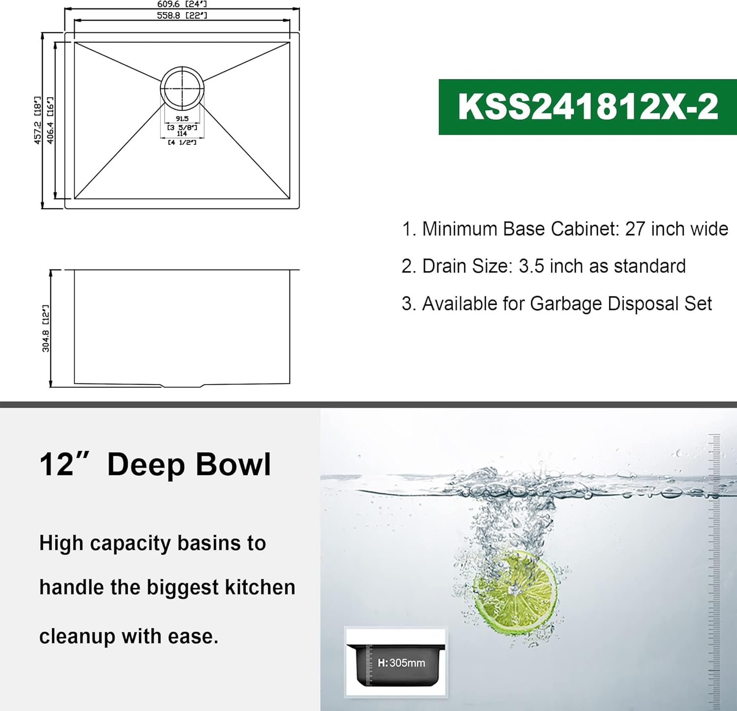 Kichae 12" Deep Laundry Sink Undermount - 24 Inch Undermount Utility Sink Stainless Steel Single Bowl Under Counter Handmade Laundry Utility Room Basin