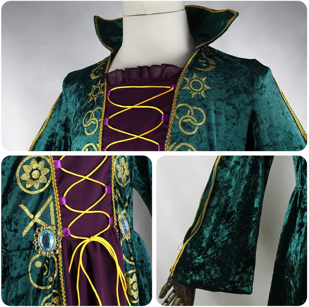 Womens Medieval Costume Witch Plus Size Green Vevet Dress Robe Cosplay Outfits - Image 6