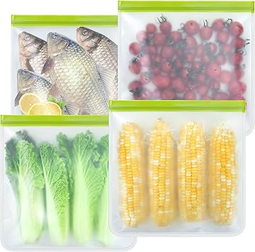 TROUSKAIG 4 Pack Reusable Gallon Freezer Bags,Silicone Bags Reusable Storage Baggies,Food Storage Bags, Leakproof Food Storag