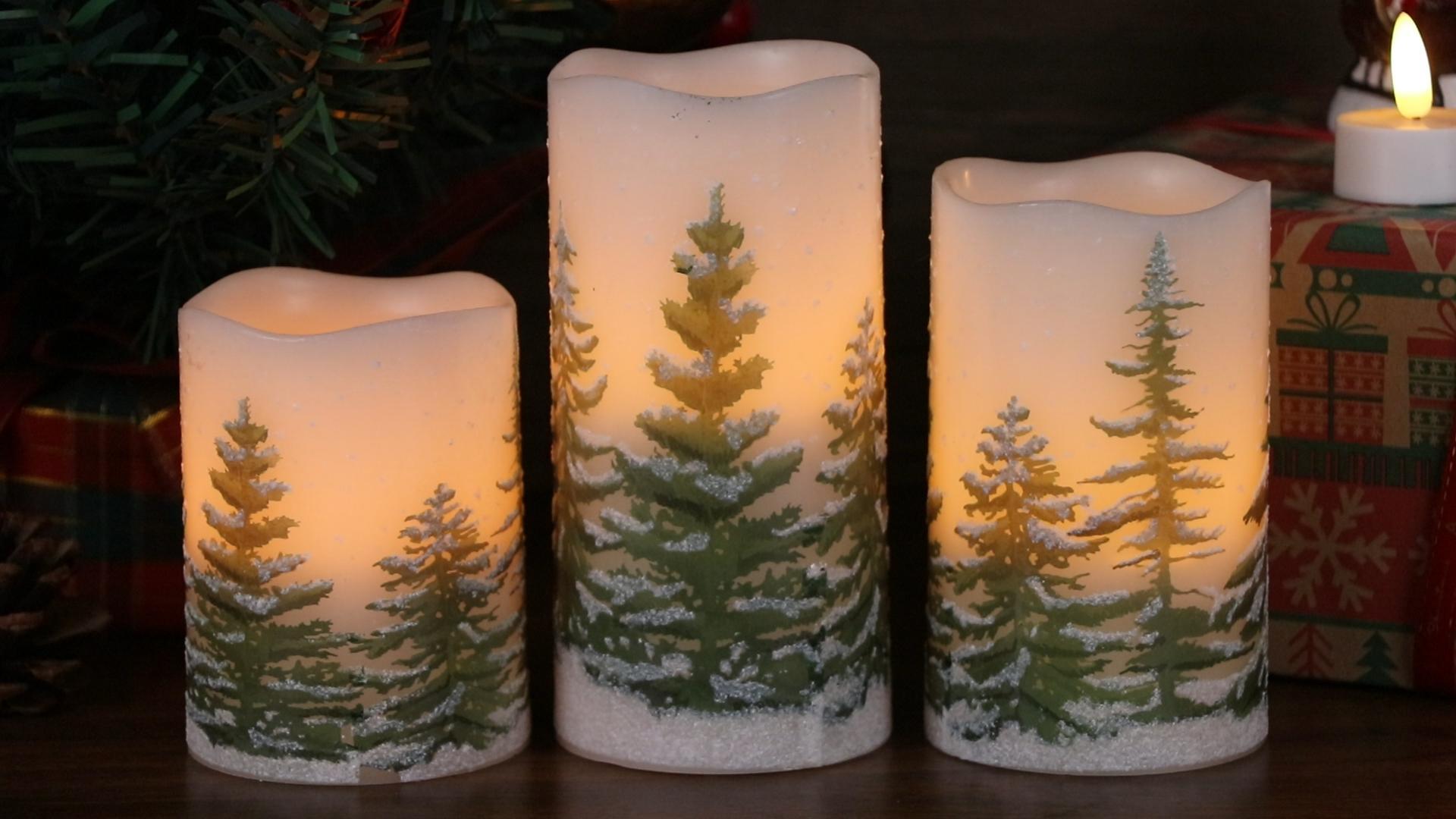 Image of Eldnacele Green Tree Christmas Decor Flameless Flickering Candles with Automatical Daily Timers, Battery Operated LED Candles Real Wax Decals Pack 3 Tiered Pillars 3 x 4 5 6 Inches