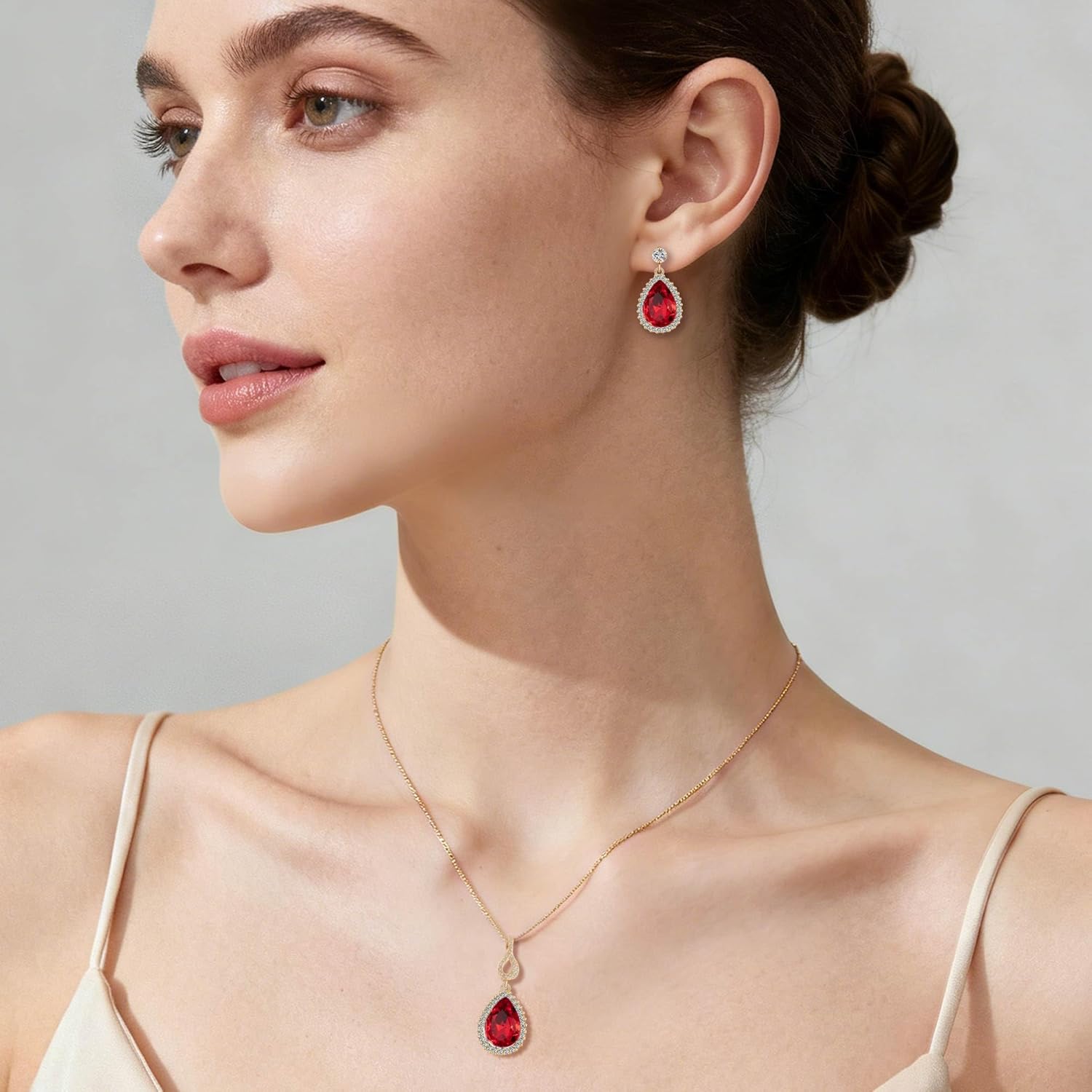 Austrian Crystals Teardrop Pendant Necklace Earrings for Women 14K Gold Plated Hypoallergenic Jewelry Set - Image 2