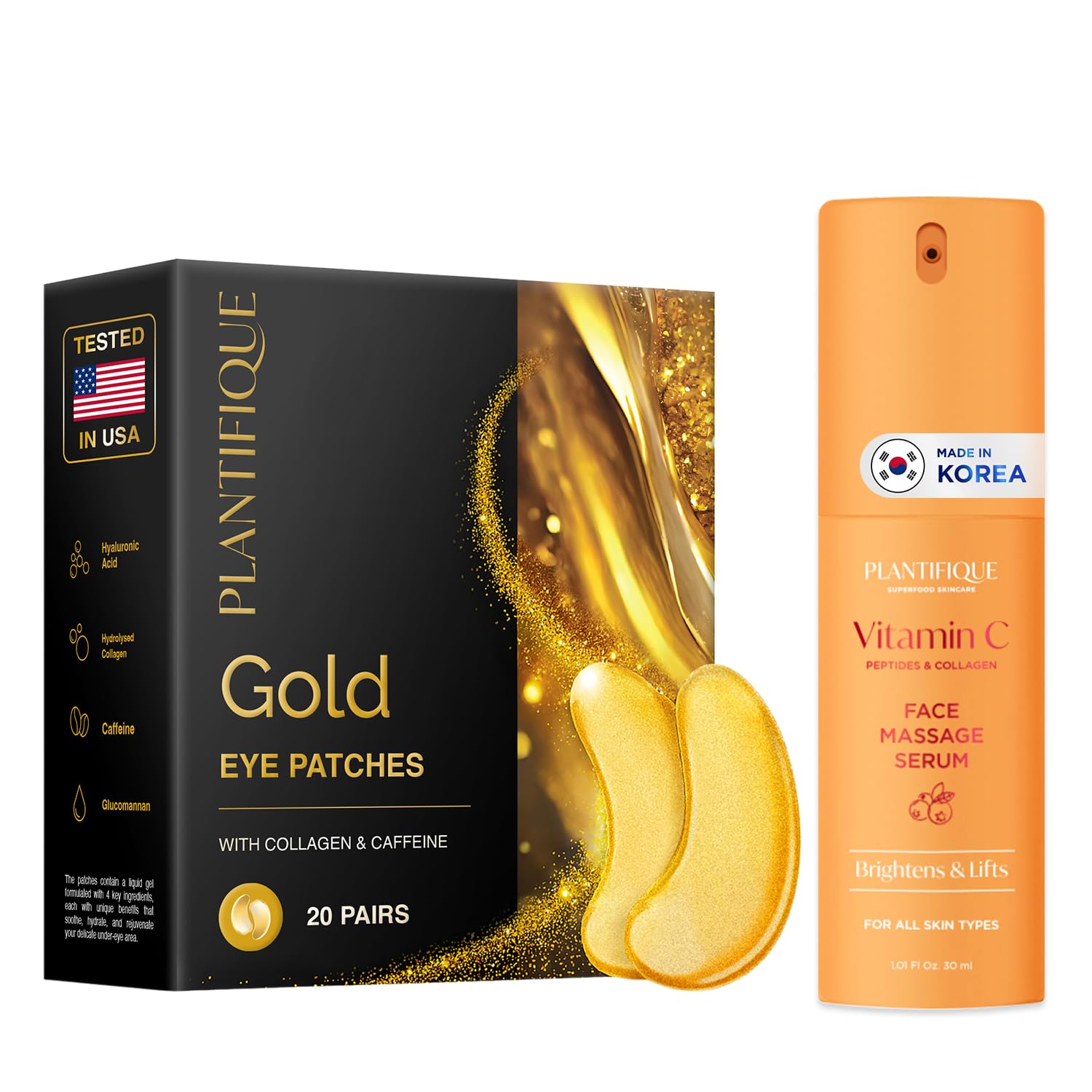 PLANTIFIQUE 20 Paar Augenpads Gegen Augenringe und Tränensäcke & Vitamin C Serum Gesicht Korean Skin Care Anti Aging Gua Sha Massage Face Serum, 30 ml