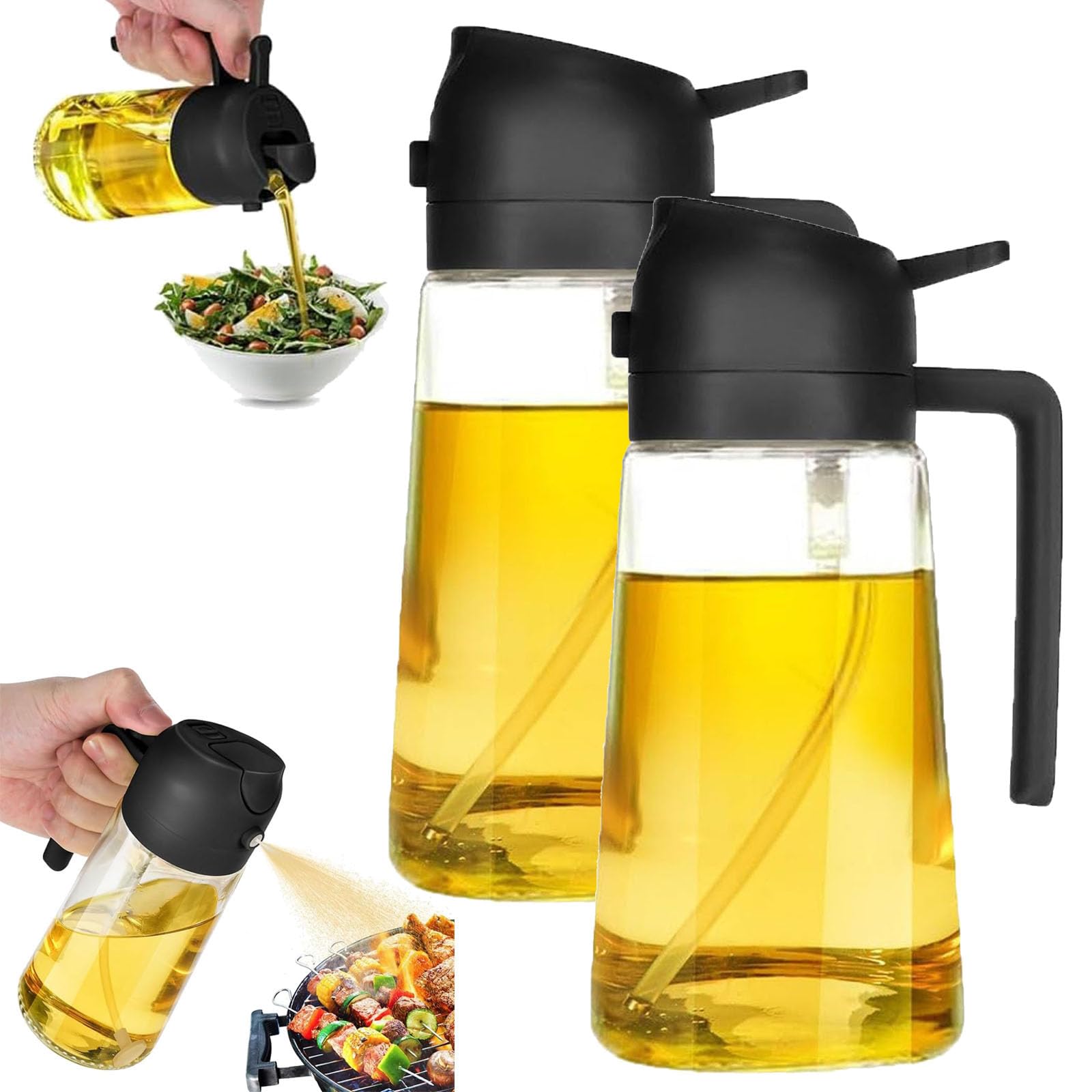 2 In 1 Oil Dispenser and Oil Sprayer,Oil Dispenser Bottle Spray and Pour,Oil Spray Bottle with Pour Nozzle,Food Grade Spray Bottle for Oil,Oil Sprayer for Cooking (600ml*2,Black)