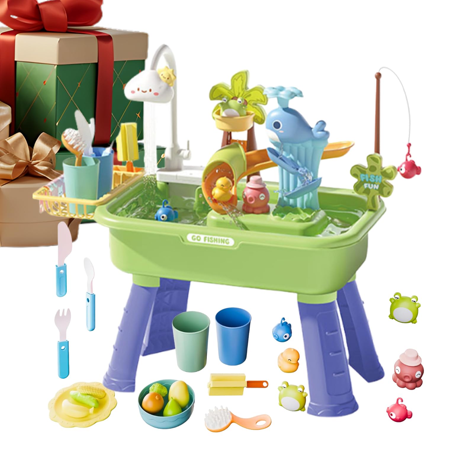 Générique Tables d'eau D'extérieur pour Enfant - Ensemble De Jeu De Pêche 4-en-1 avec Pompe Et Eau Courante pour Garçons Et Filles De 4 À 8 Ans, Jeux D'extérieur, Piscine, Anniversaire, Cadeau