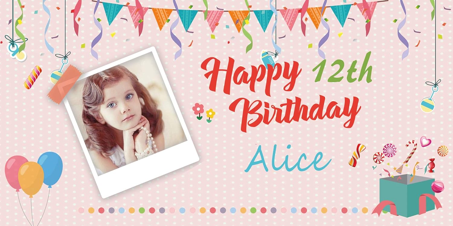 Happy Birthday Custom Vinyl Banner with Your Photos, Personalized Birthday Banner Sign for Children Newborn Baby Kids Celebration Backdrops Party Supplies Favors Props (Style-13, 6ft x 3ft)