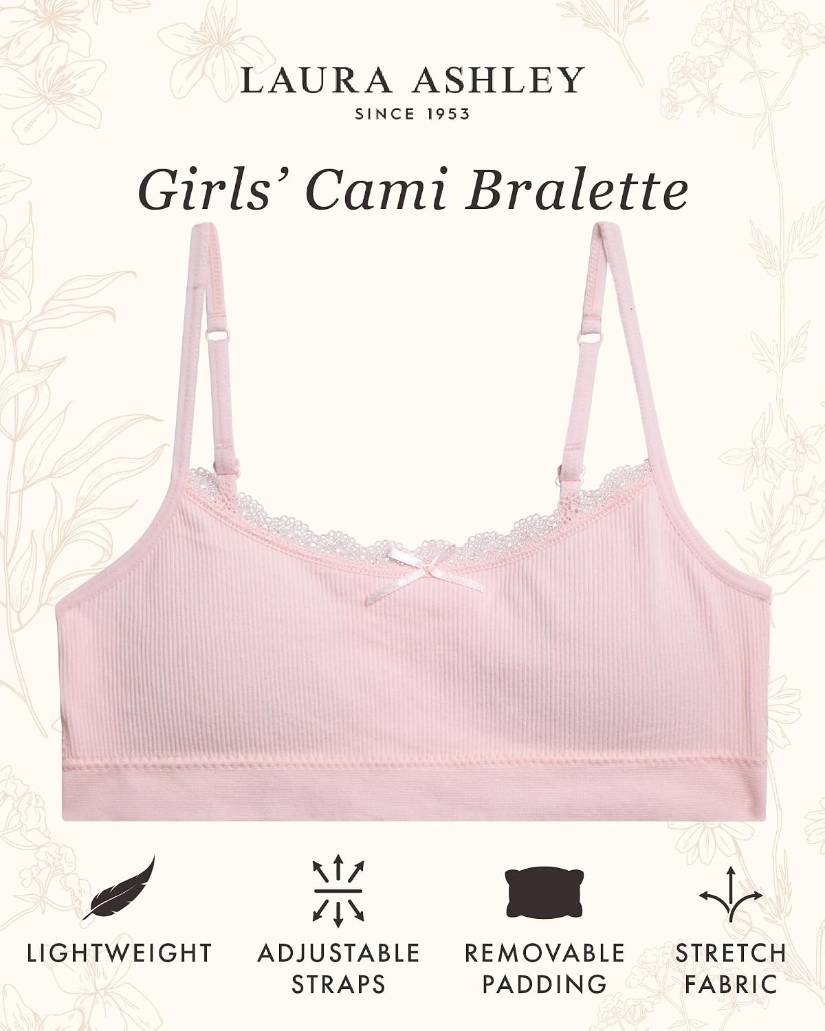 Laura Ashley Girls Training Bras - 3/6 Pack Soft Stretch Cami Bralette, Breathable Bras for Teens with Removable Pads (30-36)