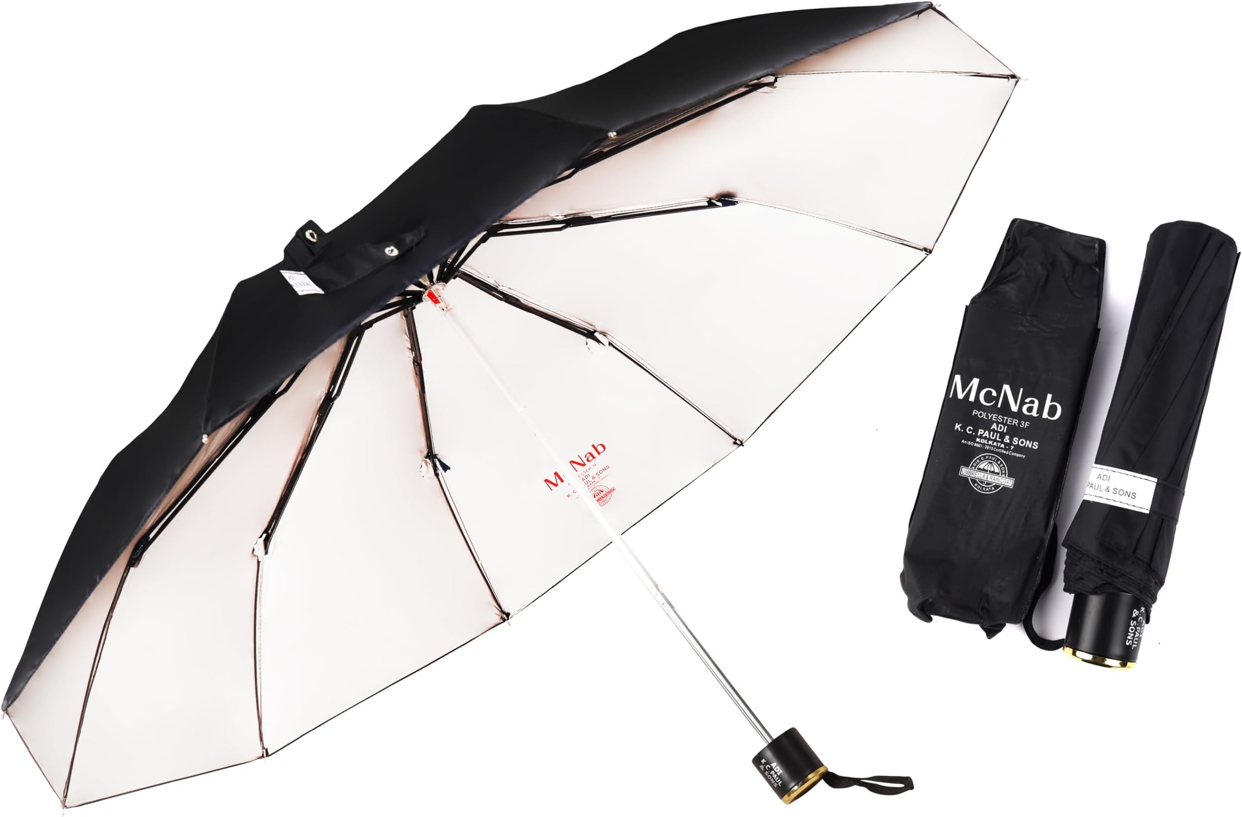 Adi K.C. Paul & Sons McNab 3 fold Umbrella for men & women | KC Paul Umbrella | 3 fold umbrella | Premium umbrella | Large Umbrella | (Black/Silver, Manual)