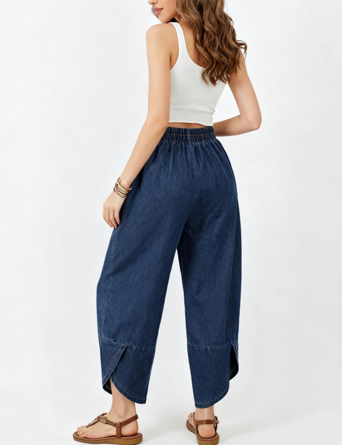 Womens Baggy Wide Leg Denim Pants Elastic Waisted Casual Loose Barrel Jeans with Pockets