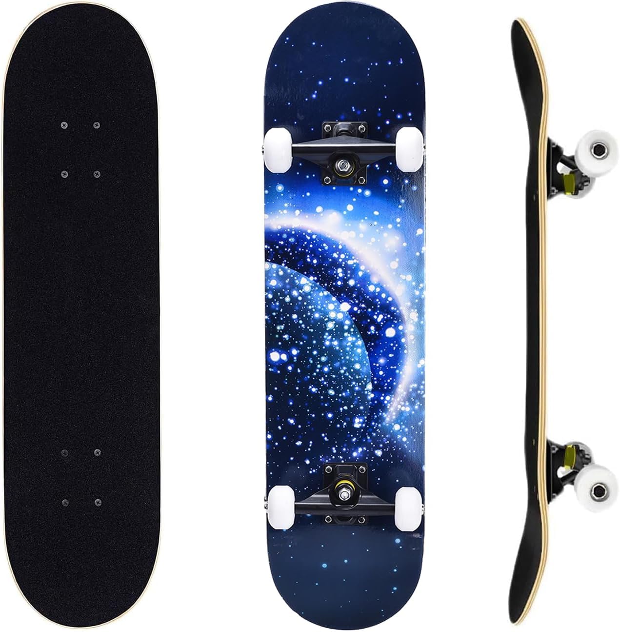 ERNAN Complete Skateboard for Beginners,31 x 8 Inch Double Kick Skateboard for Kids Teenagers & Adults. with Skate T-Tool. (Blue moon)