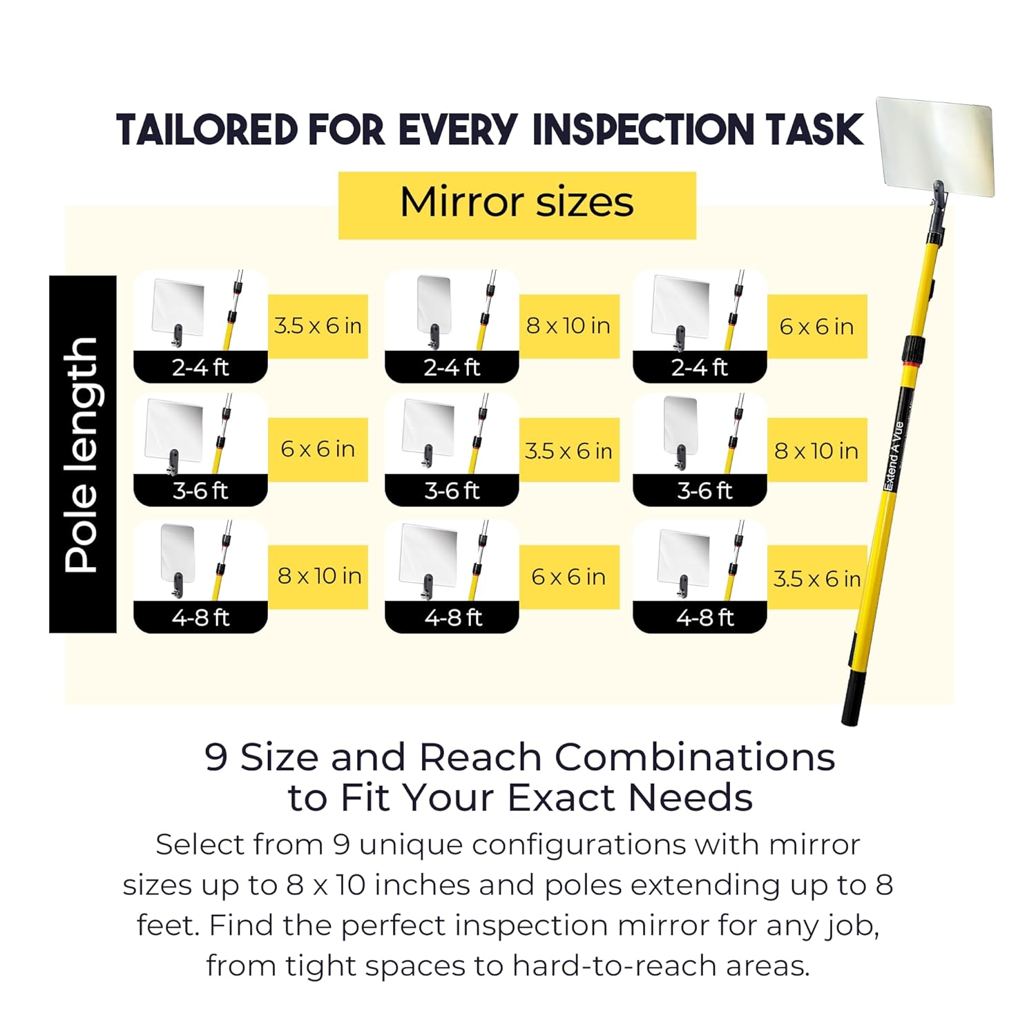 Telescoping Inspection Mirror - Standard Fiberglass, Lightweight & Durable, 4 ft - 8 ft Pole, 3.5 x 6 inch Acrylic Mirror