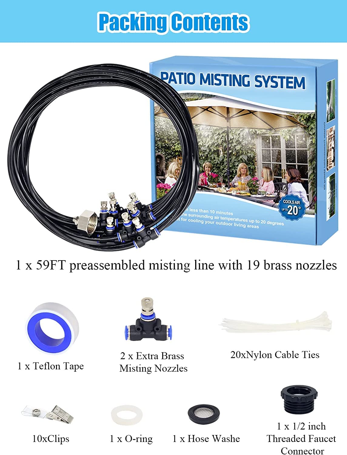 Tesmotor Set di Raffreddamento a nebulizzazione da 18m, System di miscelazione per Esterni, con 19 ugelli per Nebbia in Ottone, per Giardino, Serra, ombrellone