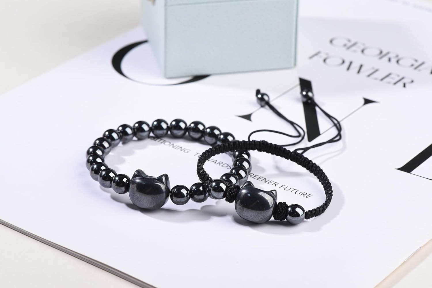 Black Obsidian Cat Bracelet and Moon Pendant Necklace Jewelry Set-Cat Lover Gifts,Wealth Attraction,Good Luck,Bead Bracelet,Mindfulness,Beaded Bracelets, Obsidian Pendant Necklace-Cute Gifts for Women