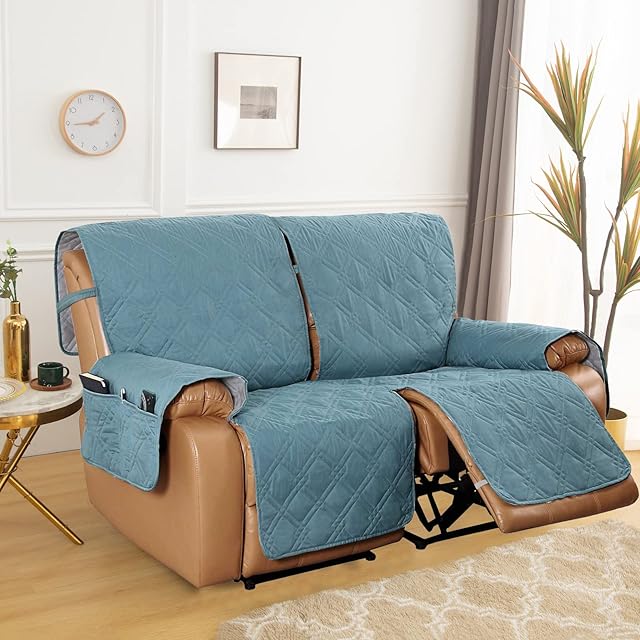 Recliner Chair Cover, Armchair Recliner Cover with Storage,Loveseat Recliner Slipcover for Leather Sofa,Washable Recliner Sofa Protector with Elastic Straps Protect for Pets Kids (2 Seater, Grey Blue)