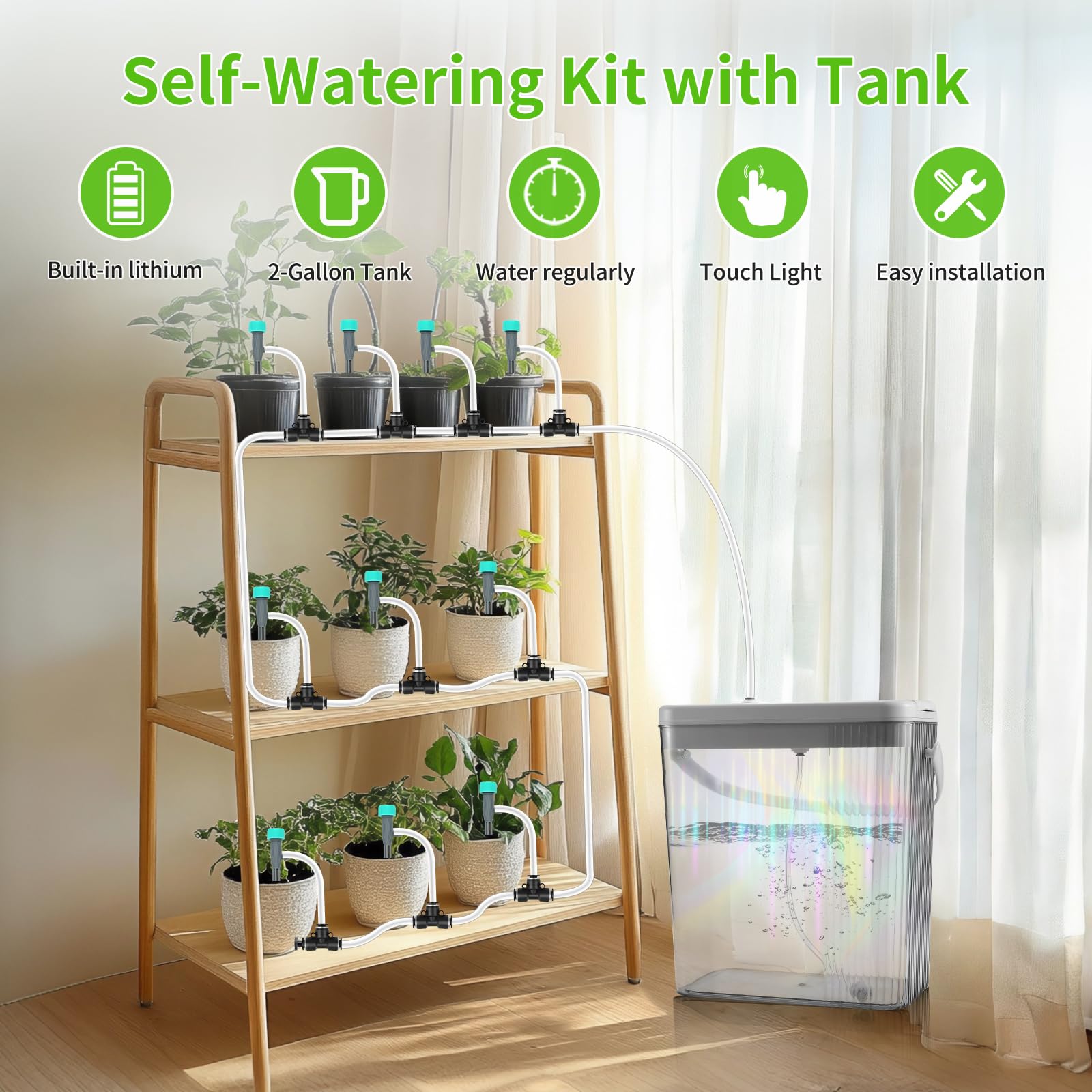 Sistema de riego por goteo para interiores con tanque de agua de 2 galones, luz nocturna táctil y temporizador programable, kit de riego automático para 10 plantas en maceta