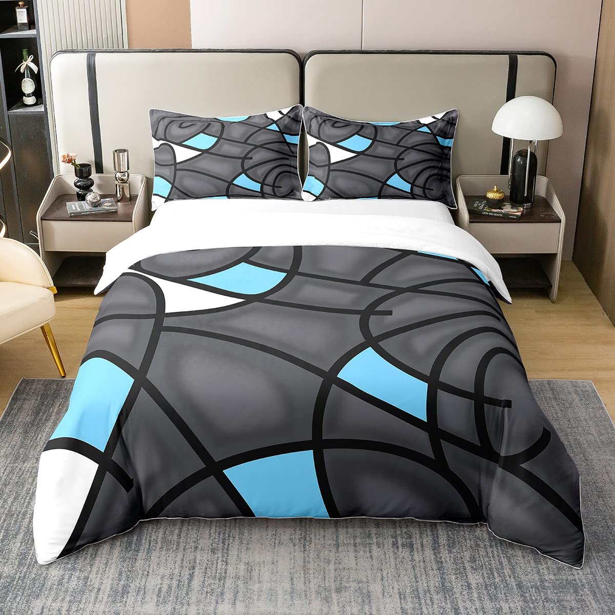 Loussiesd Black Blue Swirl Duvet Cover Super King Size Abstract Cotton Duvet Cover Set Kids Comforter Cover Set for Women Men Gray Trippy Geometric Bedding Set Breathable Bedspread Cover Room Decor